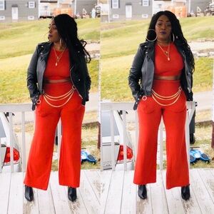 LONG SLEEVE BRICK RED CROP TOP & WIDE LEG PANT SET